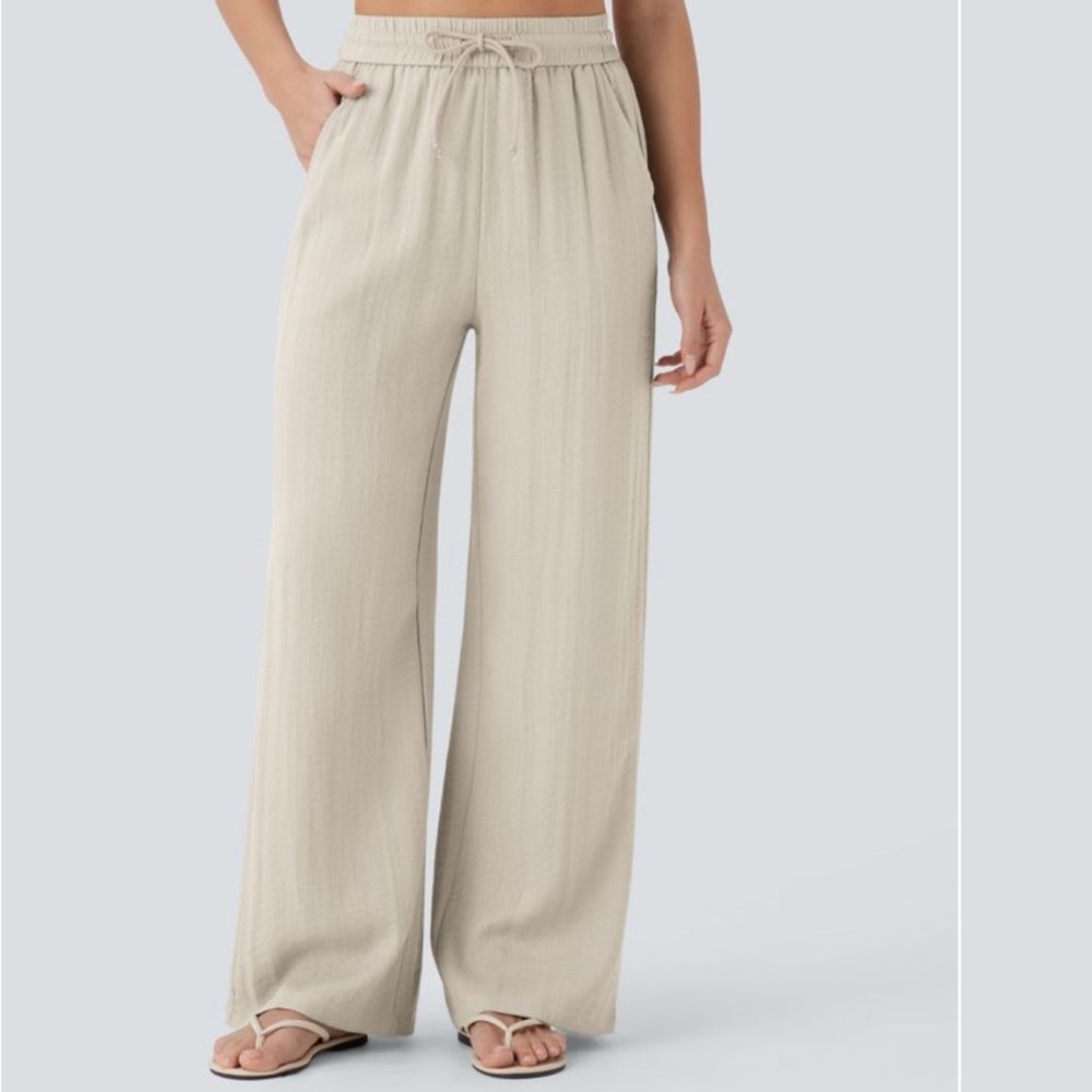 High Waisted Drawstring Wide Leg Casual Linen Pants